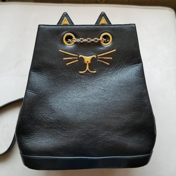 CHARLOTTE OLYMPIA CAT/FELINE BACK PACK/BACKPACK PURSE Black Leather, Gold Metal - Picture 1 of 10